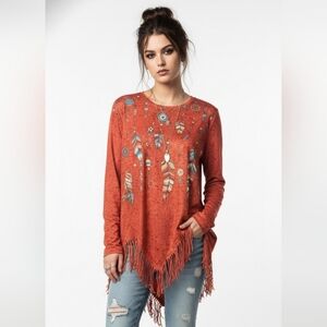 Chicyea Orange Southwestern Feather Fringed SharkBite Hem Tunic Top Size XL